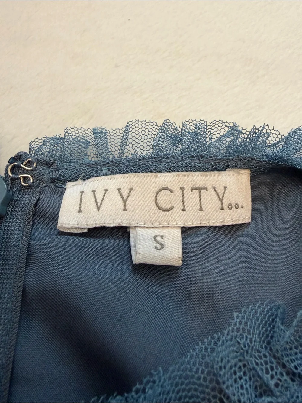 Ivy City Co Slate Blue Whimsical Ruffled Tulle Midi Formal Dress - Picture 11 of 14